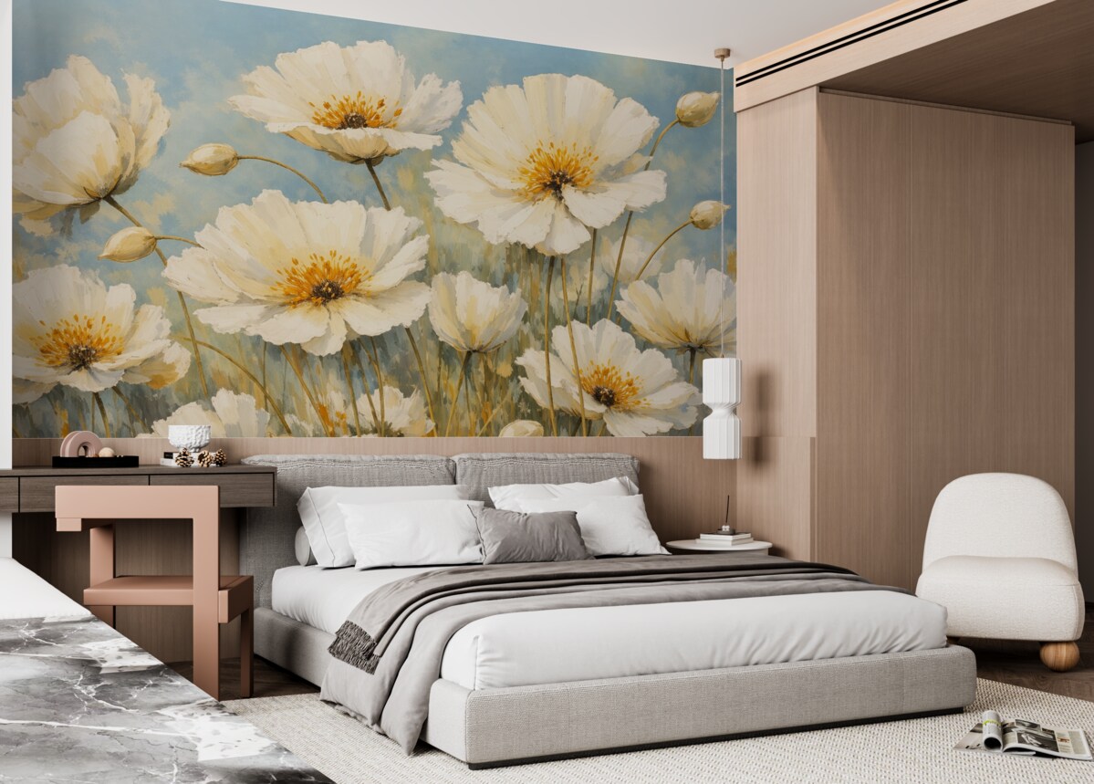 Fototapeta Vintage białe maki na niebieskim płótnie olejnym.