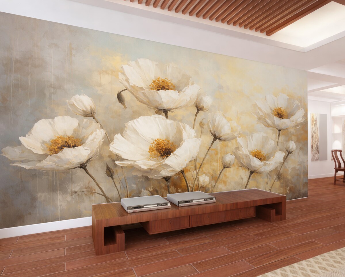 Fototapeta Retro Białe Maki.