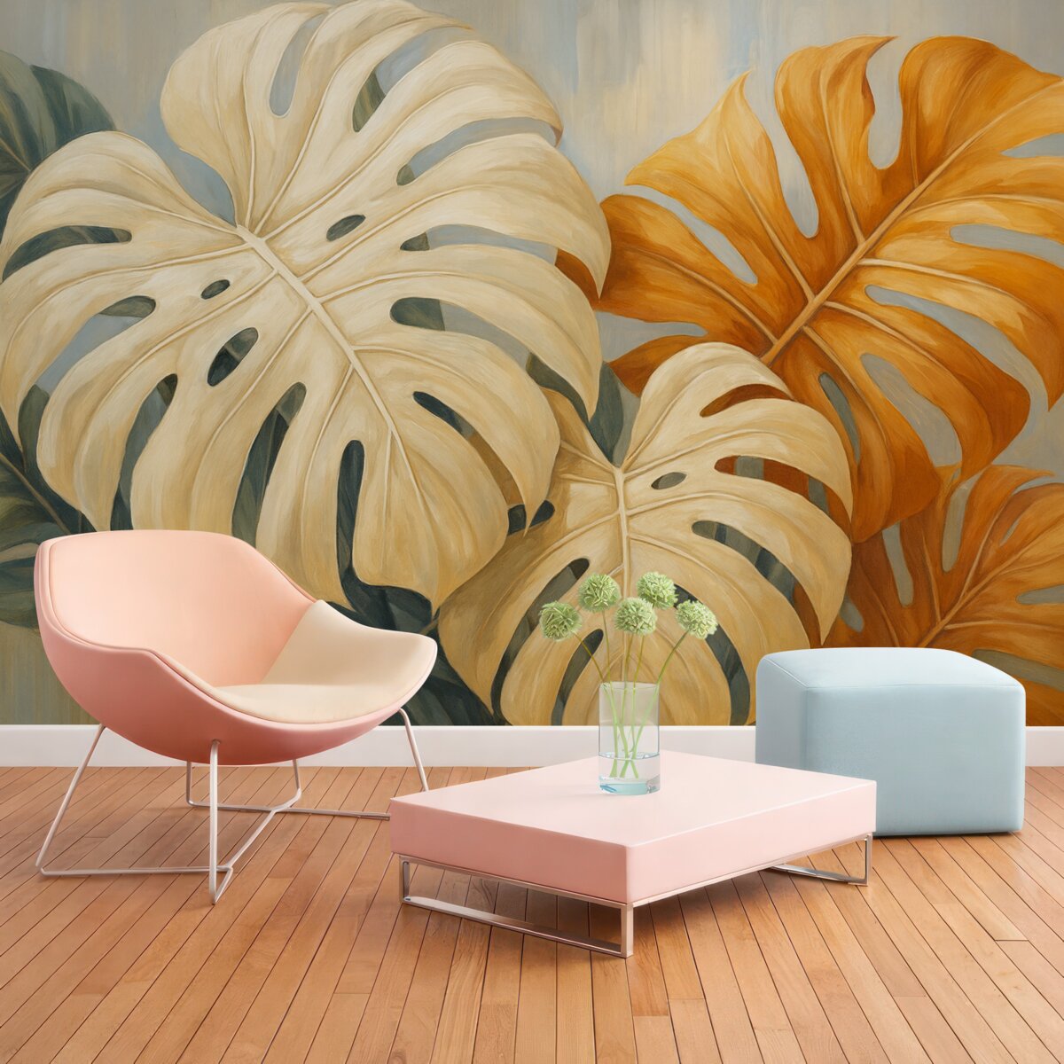 Fototapeta Liście Monstery, odcień niebieski, biały, pomarańczowy.