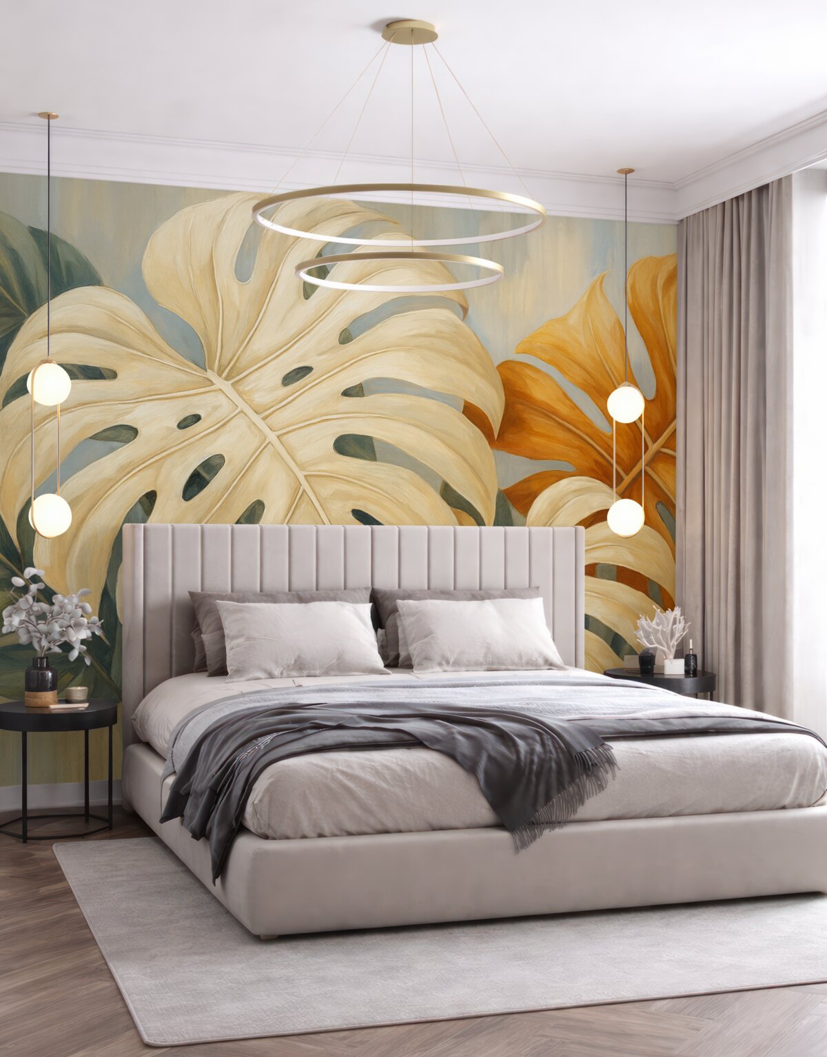 Fototapeta Liście Monstery, odcień niebieski, biały, pomarańczowy.