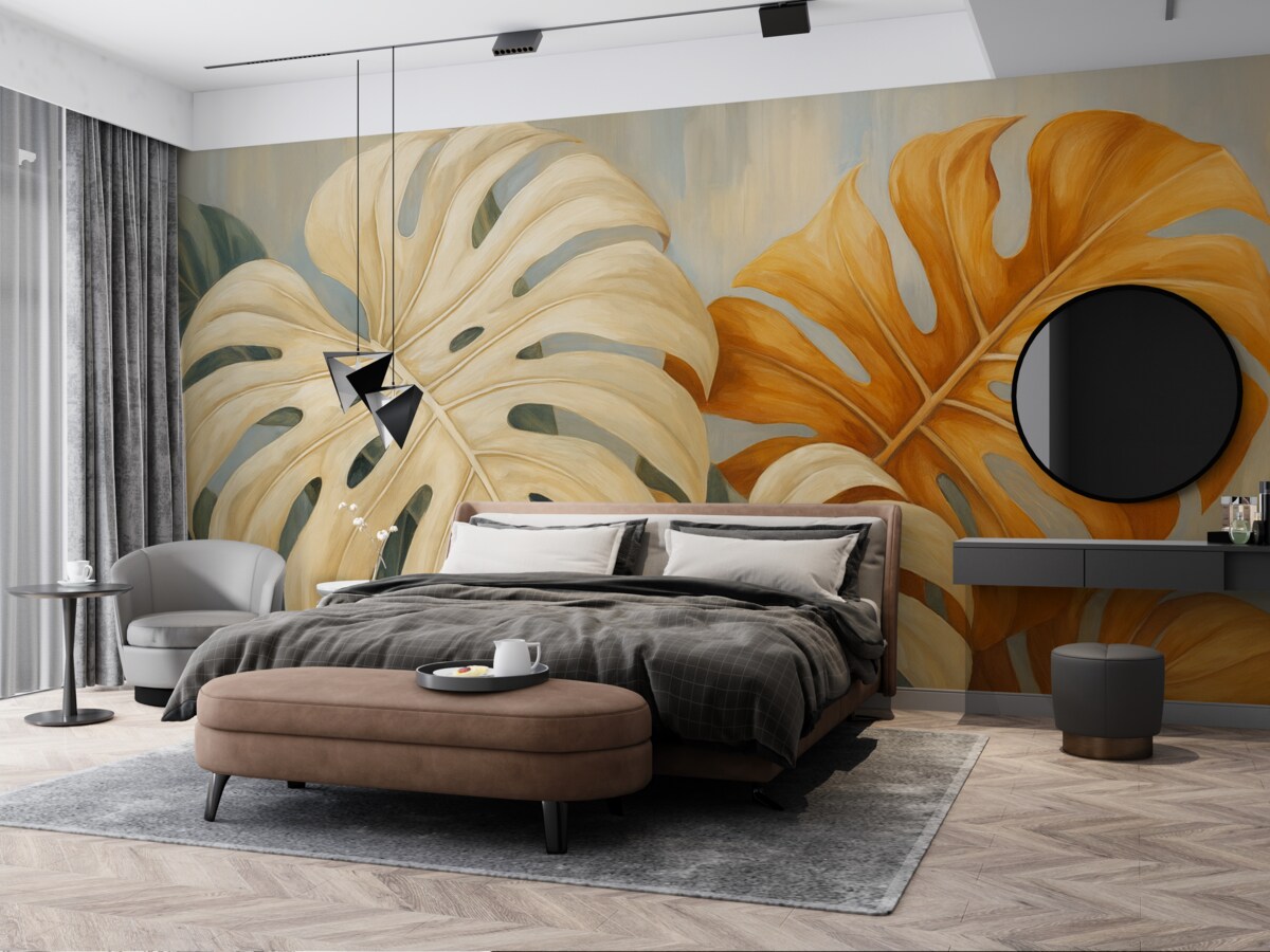 Fototapeta Liście Monstery, odcień niebieski, biały, pomarańczowy.