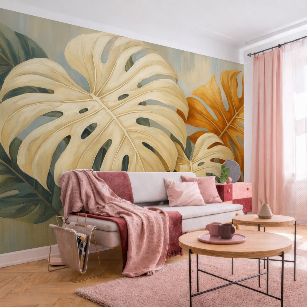 Fototapeta Liście Monstery, odcień niebieski, biały, pomarańczowy.