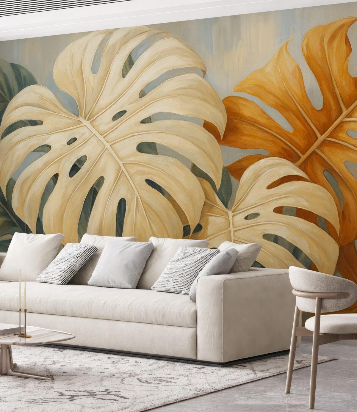 Fototapeta Liście Monstery, odcień niebieski, biały, pomarańczowy.