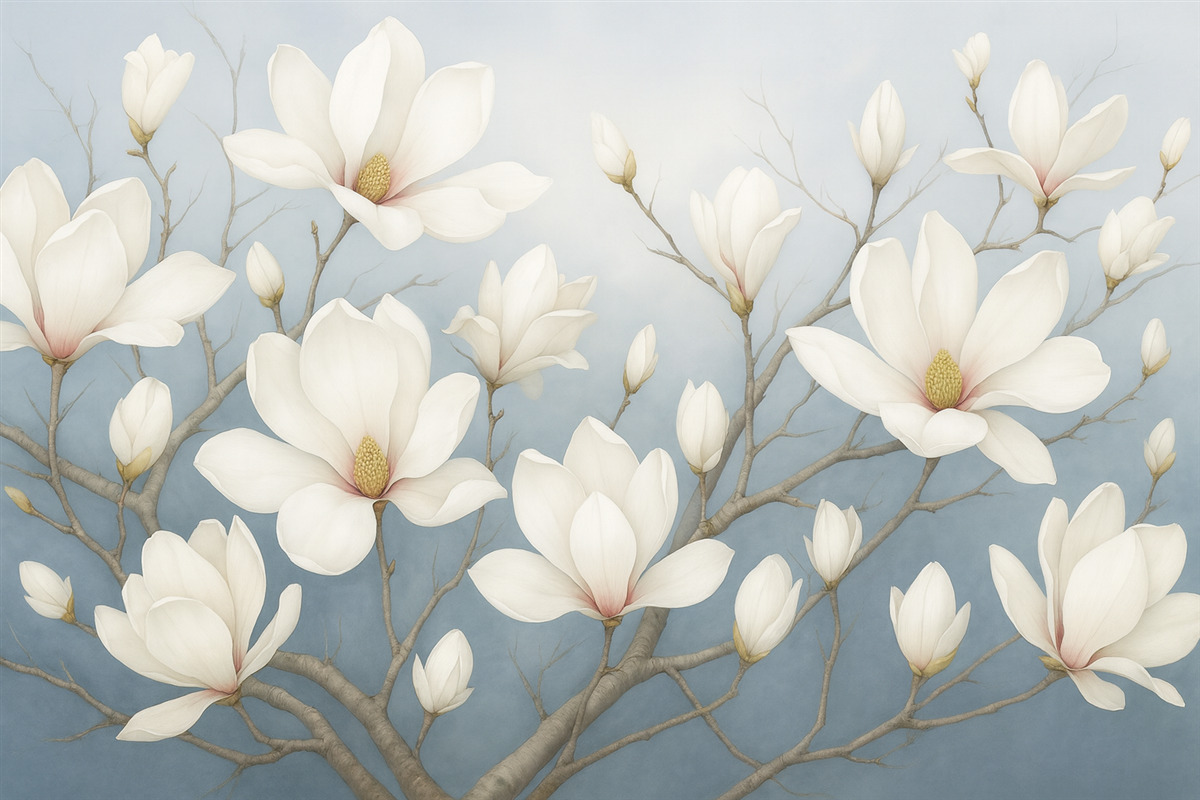 Fototapeta Gałęzie z białą magnolią w odcieniu niebieskim.