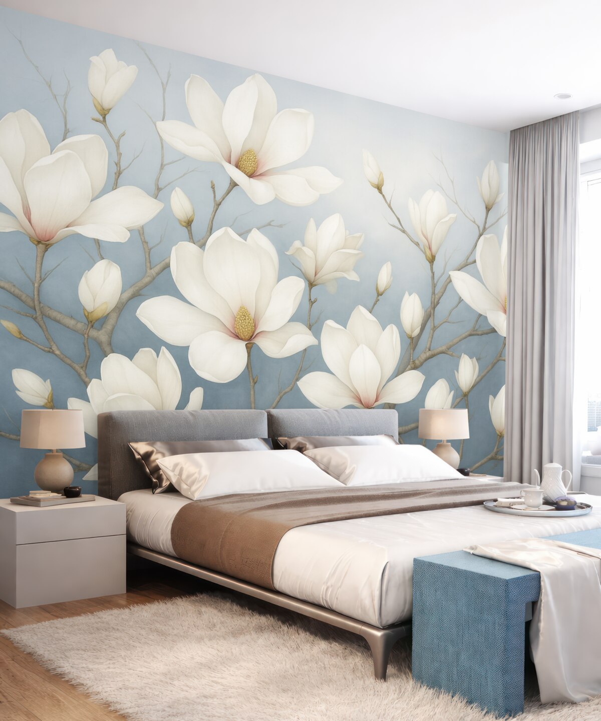 Fototapeta Gałęzie z białą magnolią w odcieniu niebieskim.