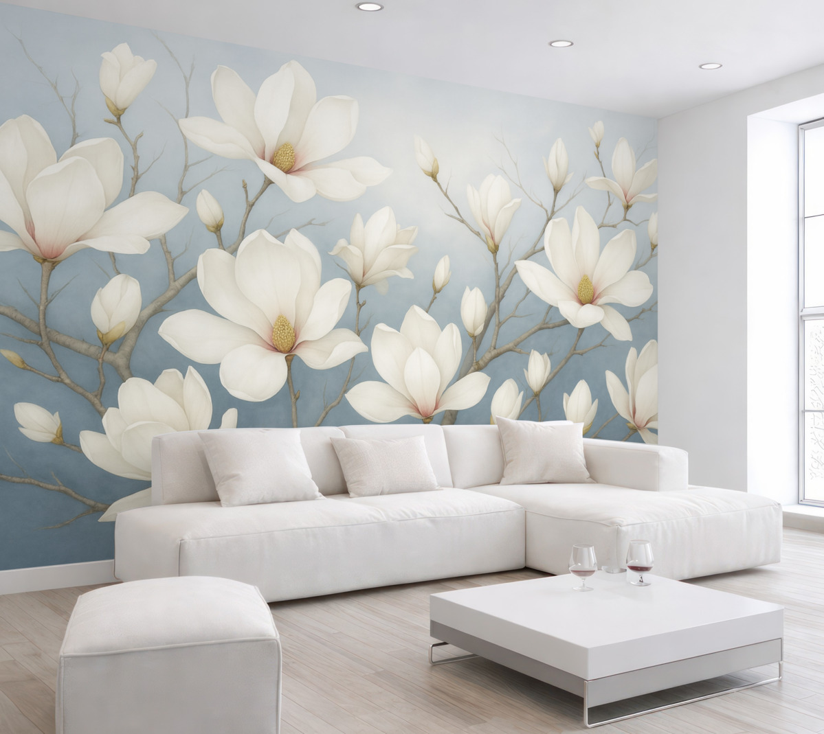 Fototapeta Gałęzie z białą magnolią w odcieniu niebieskim.