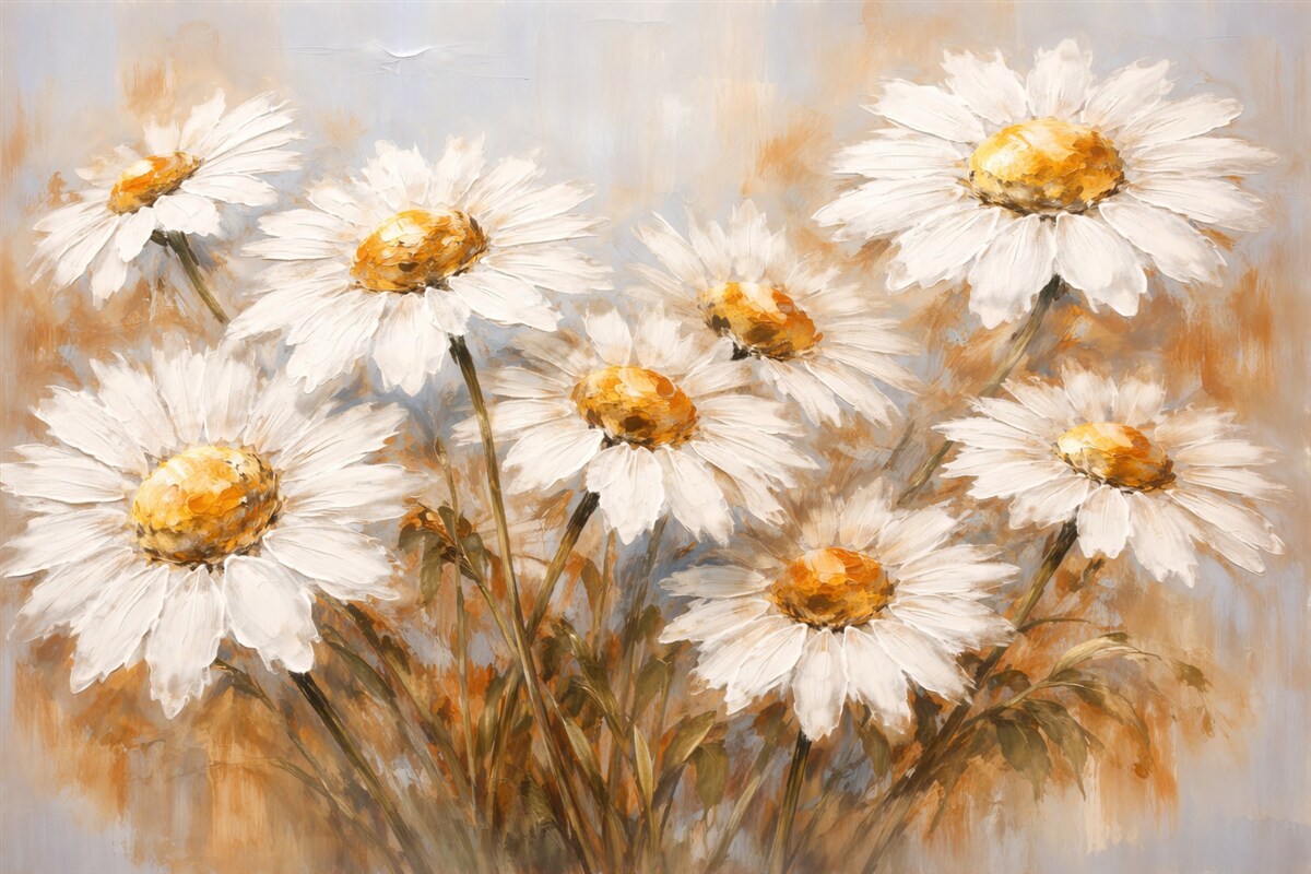 Fototapeta Obraz olejny z dużymi białymi margaretkami.