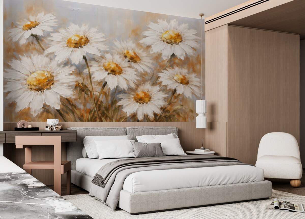 Fototapeta Obraz olejny z dużymi białymi margaretkami.