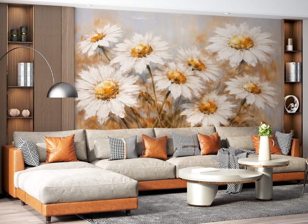 Fototapeta Obraz olejny z dużymi białymi margaretkami.