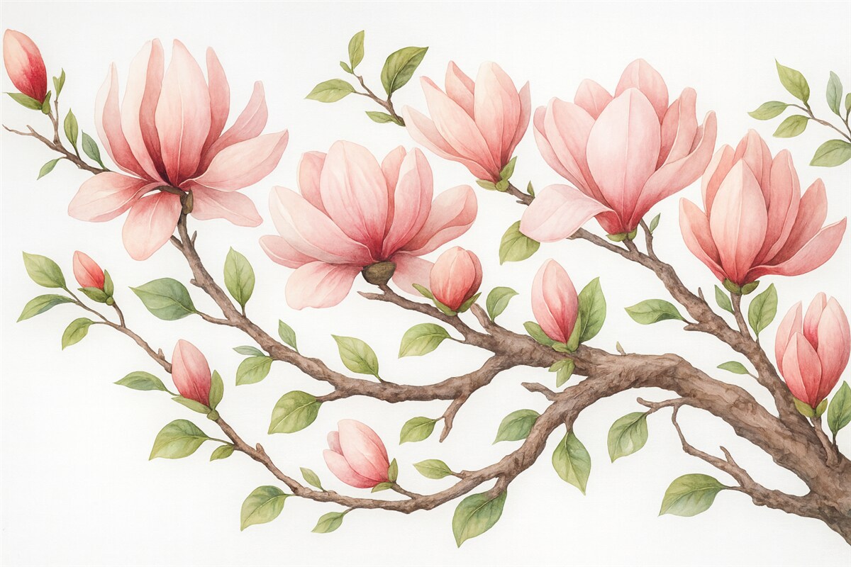 Fototapeta Gałązka z różowymi kwiatami magnolii.