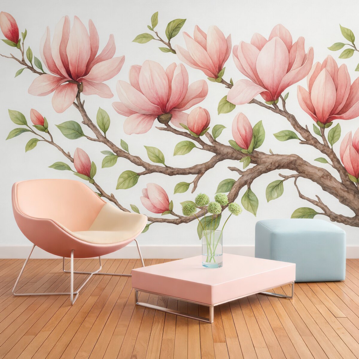 Fototapeta Gałązka z różowymi kwiatami magnolii.