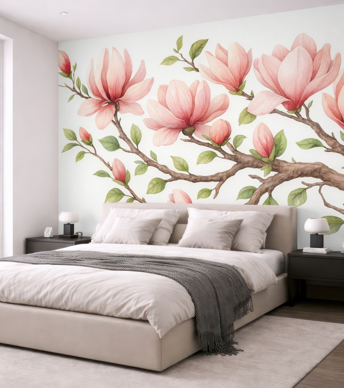 Fototapeta Gałązka z różowymi kwiatami magnolii.