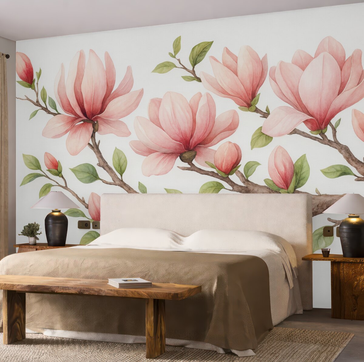 Fototapeta Gałązka z różowymi kwiatami magnolii.