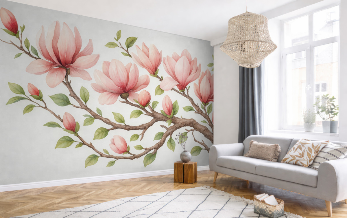 Fototapeta Gałązka z różowymi kwiatami magnolii.