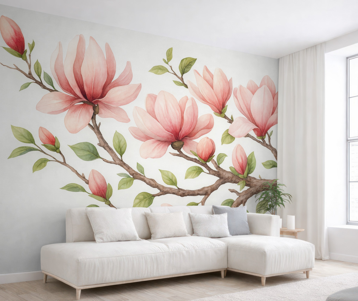 Fototapeta Gałązka z różowymi kwiatami magnolii.