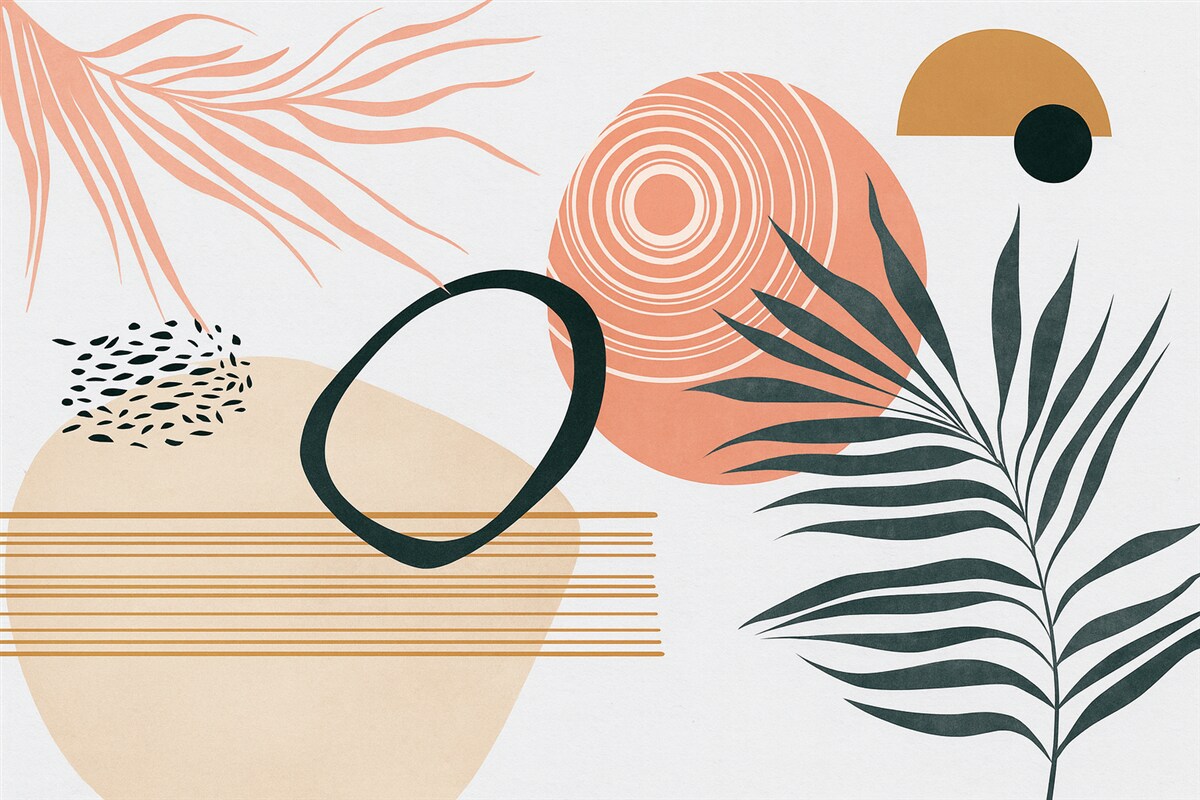 Fototapeta Geometrzyczna abstrakcja z palmowymi gałęziami, styl boho, kropla, różowy, niebieski, szary, powierzchnia ściany.