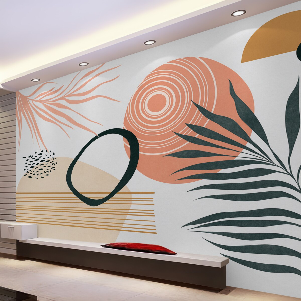 Fototapeta Geometrzyczna abstrakcja z palmowymi gałęziami, styl boho, kropla, różowy, niebieski, szary, powierzchnia ściany.