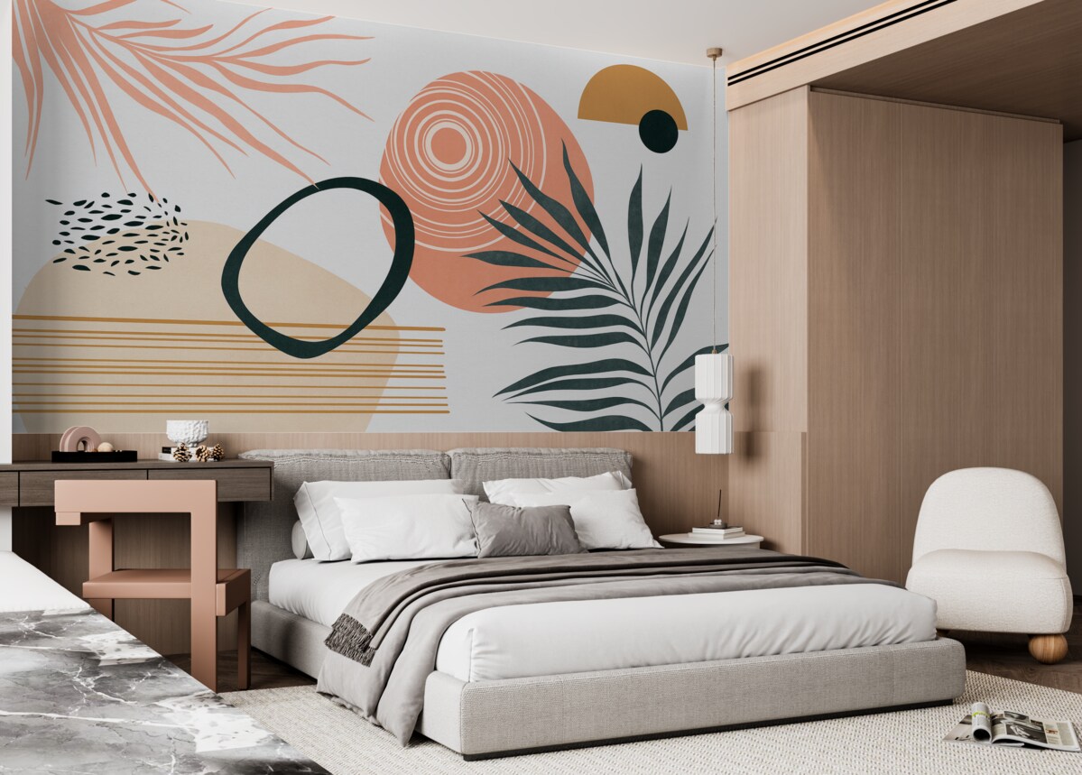 Fototapeta Geometrzyczna abstrakcja z palmowymi gałęziami, styl boho, kropla, różowy, niebieski, szary, powierzchnia ściany.