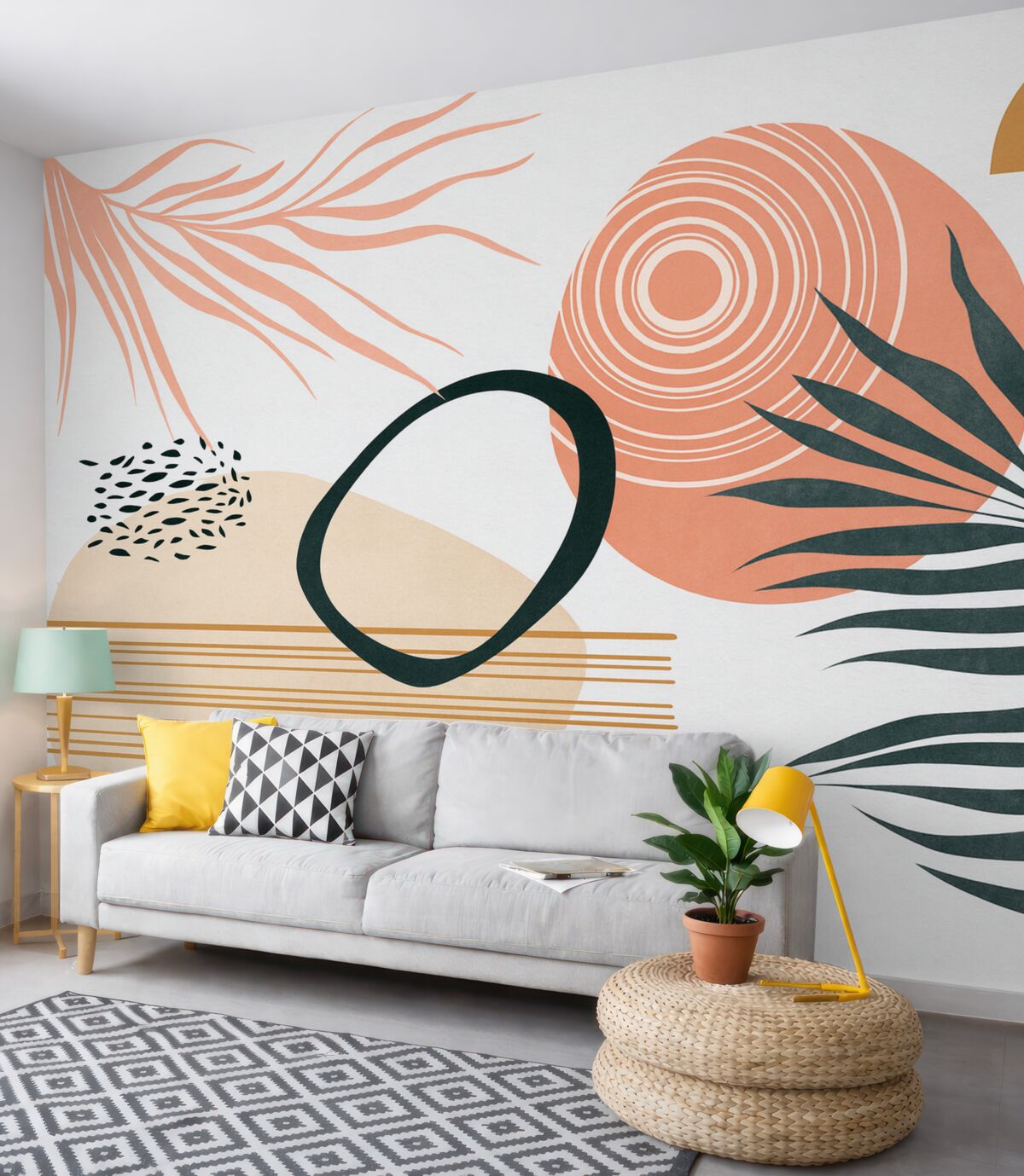 Fototapeta Geometrzyczna abstrakcja z palmowymi gałęziami, styl boho, kropla, różowy, niebieski, szary, powierzchnia ściany.