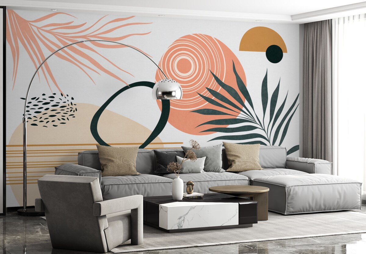 Fototapeta Geometrzyczna abstrakcja z palmowymi gałęziami, styl boho, kropla, różowy, niebieski, szary, powierzchnia ściany.