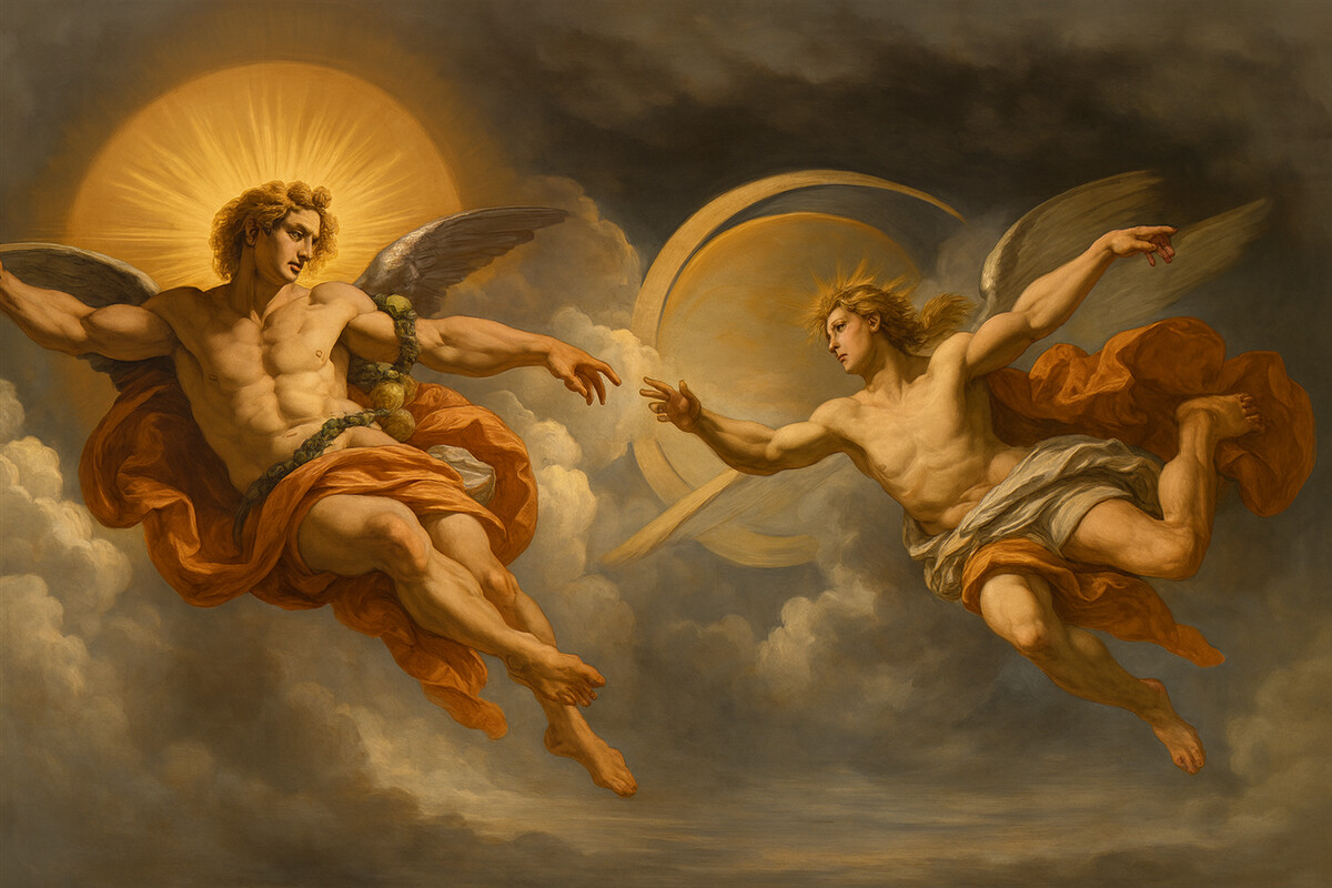 Fototapeta Mural w stylu renesansowych fresków w tonacjach beżu oraz ciemnych. Dwie męskie postacie bóstw sięgające do siebie dłońmi.