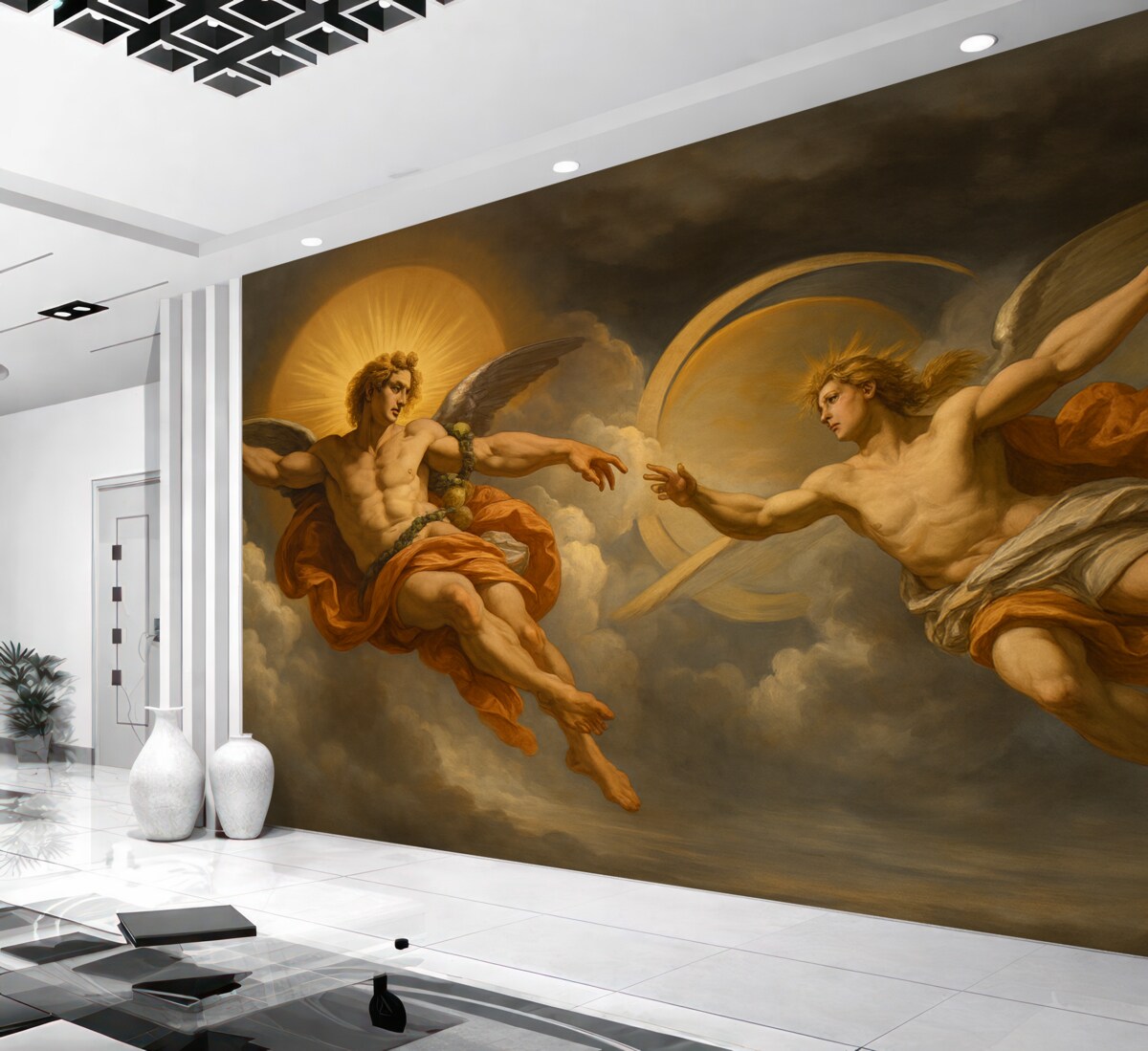 Fototapeta Mural w stylu renesansowych fresków w tonacjach beżu oraz ciemnych. Dwie męskie postacie bóstw sięgające do siebie dłońmi.