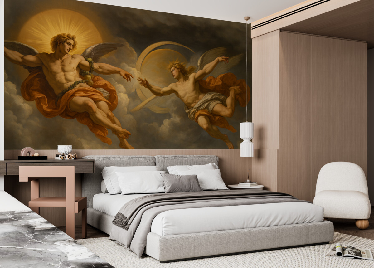 Fototapeta Mural w stylu renesansowych fresków w tonacjach beżu oraz ciemnych. Dwie męskie postacie bóstw sięgające do siebie dłońmi.