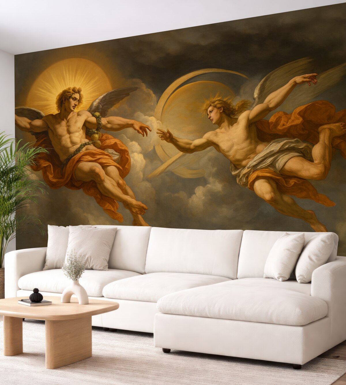 Fototapeta Mural w stylu renesansowych fresków w tonacjach beżu oraz ciemnych. Dwie męskie postacie bóstw sięgające do siebie dłońmi.