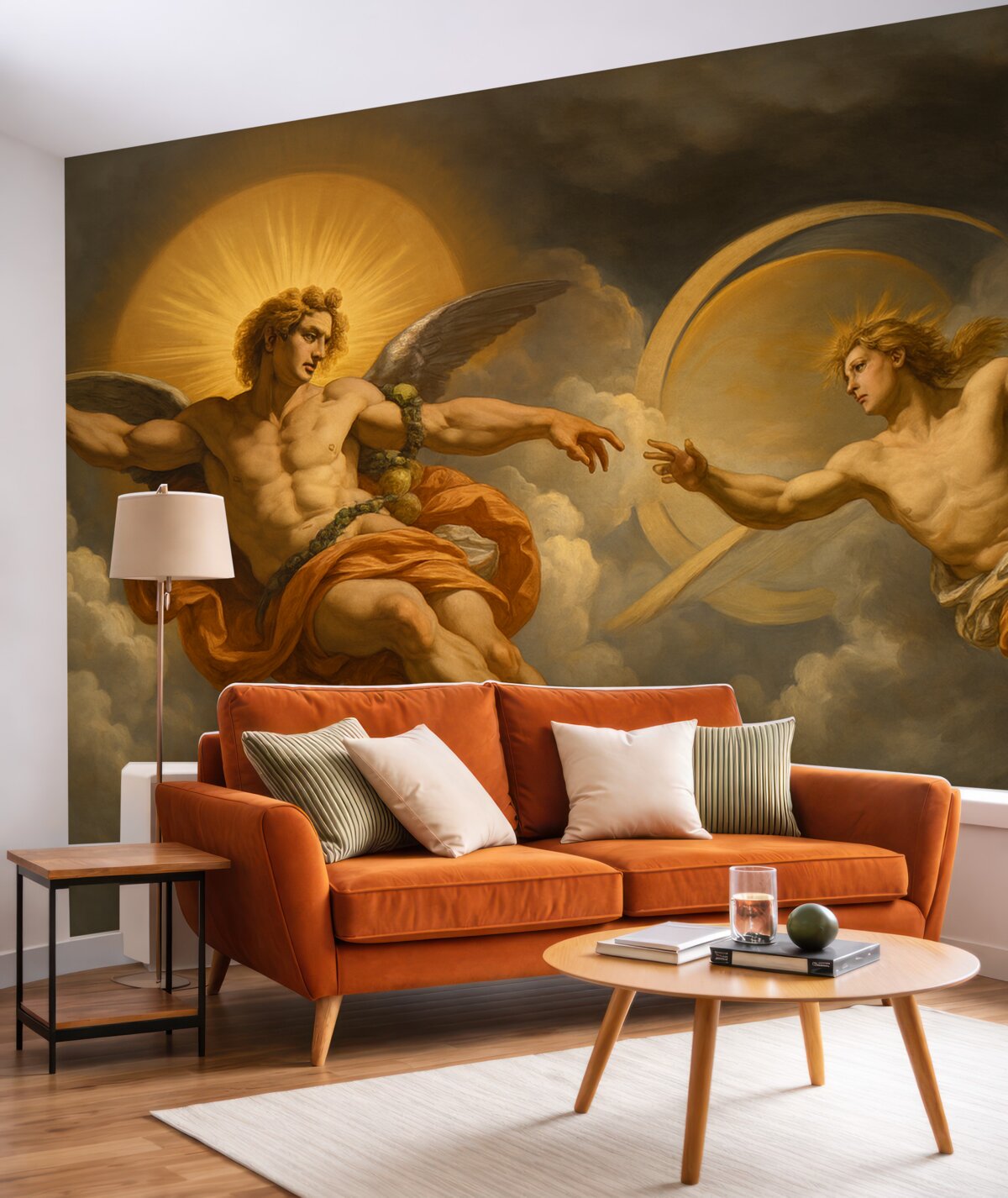 Fototapeta Mural w stylu renesansowych fresków w tonacjach beżu oraz ciemnych. Dwie męskie postacie bóstw sięgające do siebie dłońmi.