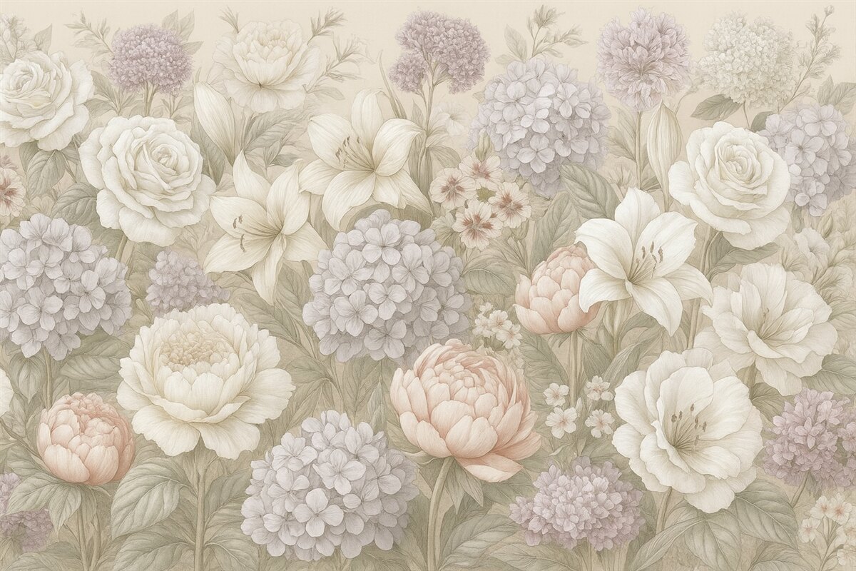 Fototapeta Czarujący letni ogród w delikatnych barwach.