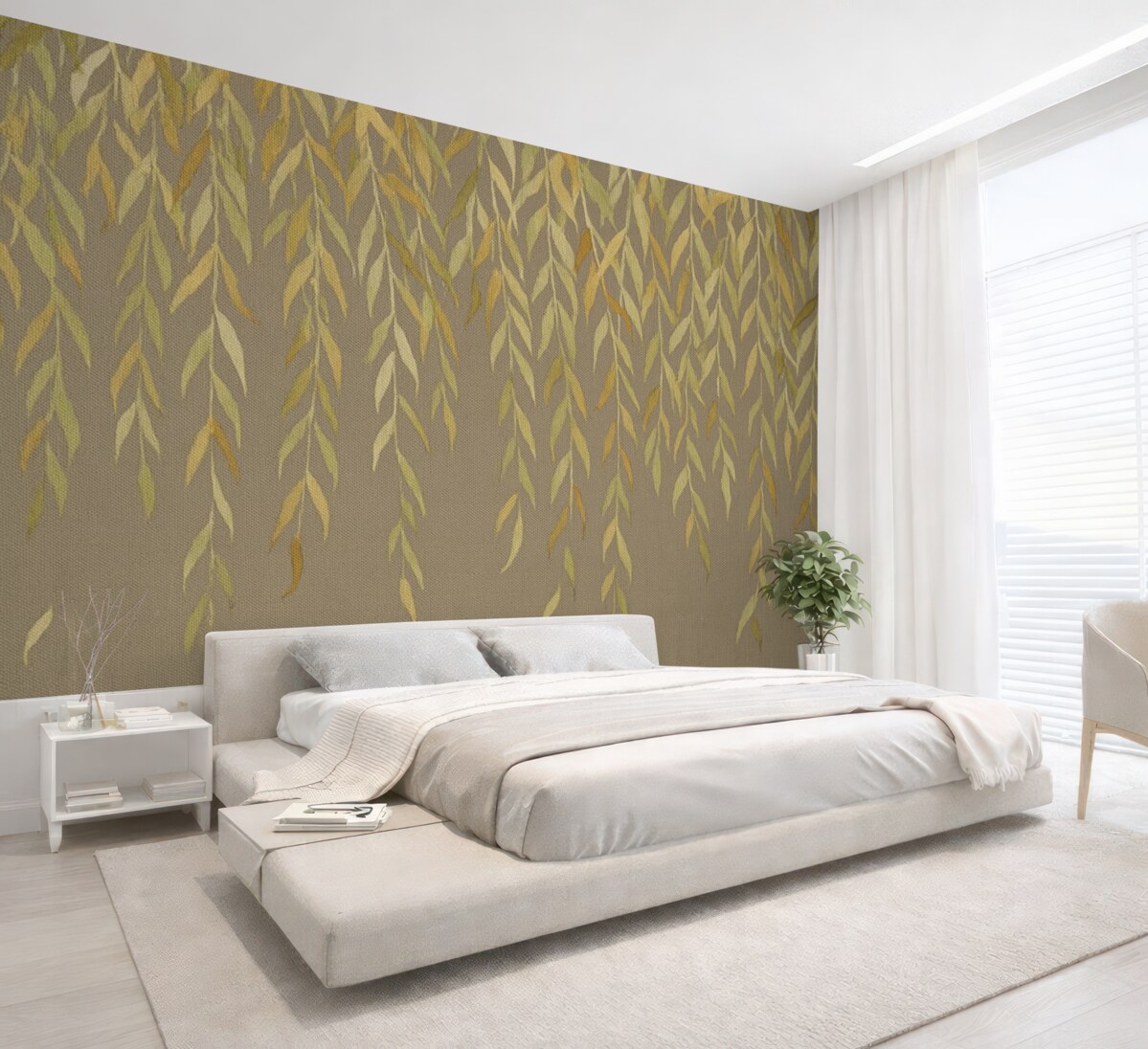 Fototapeta Gałęzie wierzby z liśćmi w odcieniach żółci i zieleni opadające na brązowym płóciennym tle.