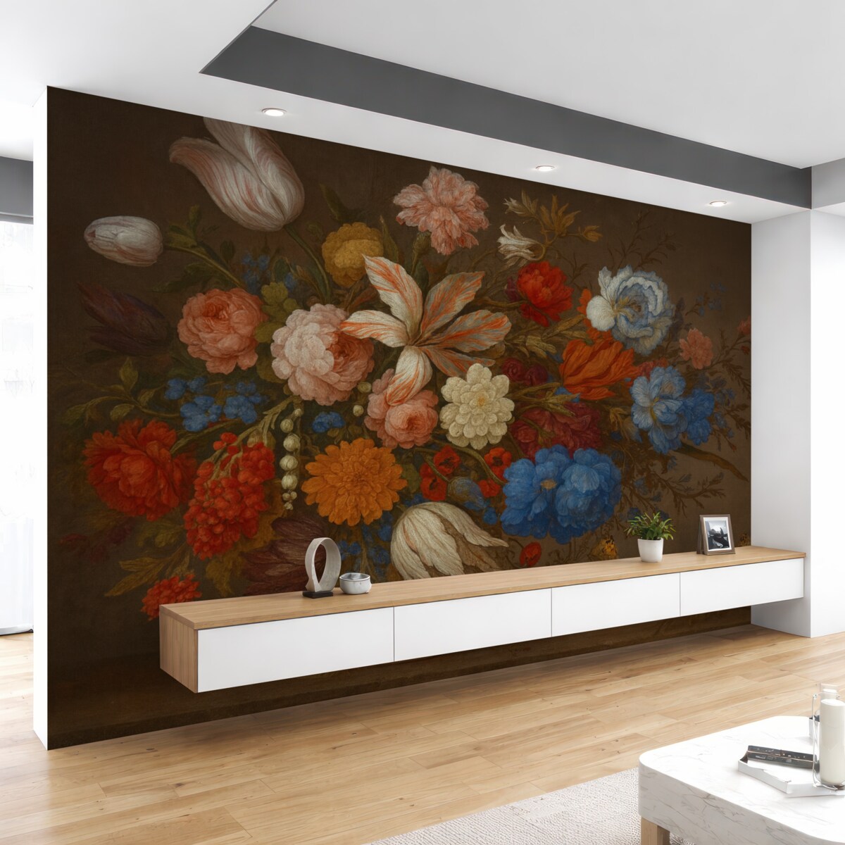 Fototapeta Witalny bukiet barwnych kwiatów, w tym róż, goździków oraz innych roślin na tle w stylu retro.