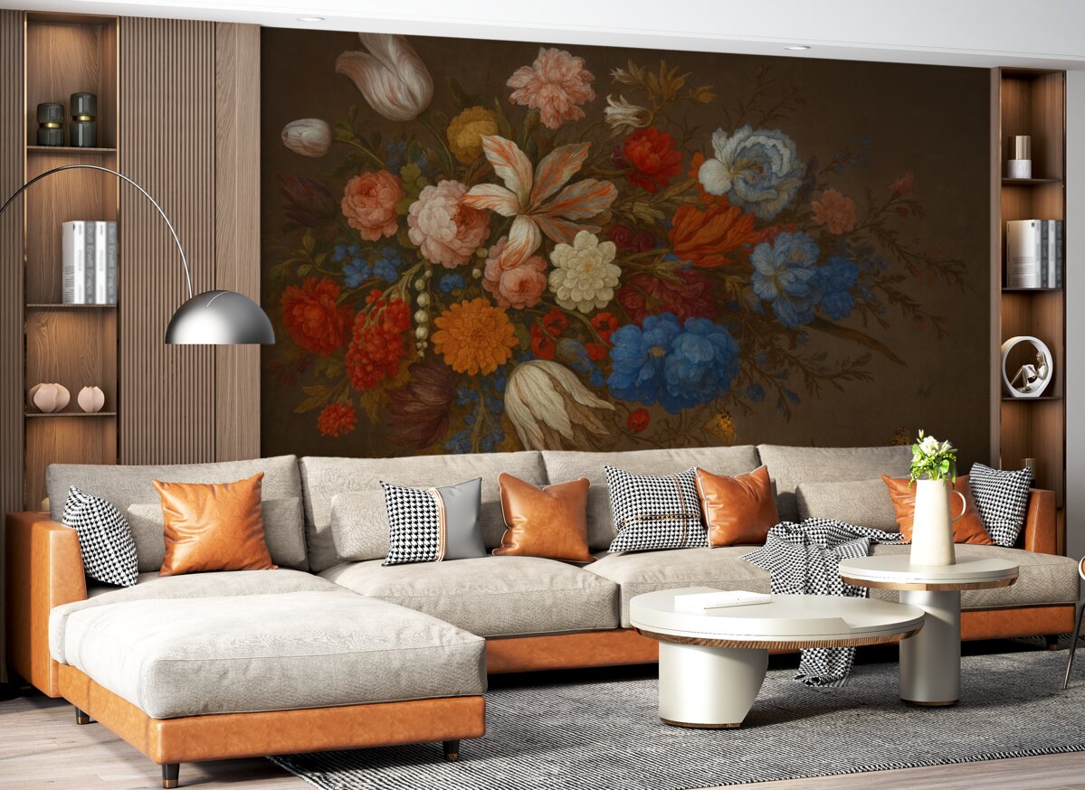 Fototapeta Witalny bukiet barwnych kwiatów, w tym róż, goździków oraz innych roślin na tle w stylu retro.