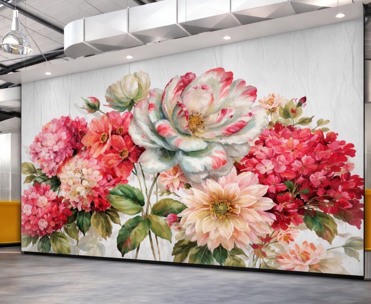 Fototapeta Wielkie różowe i białe piwonie, czerwone dalie oraz zielone liście na białym, fakturowanym tle.