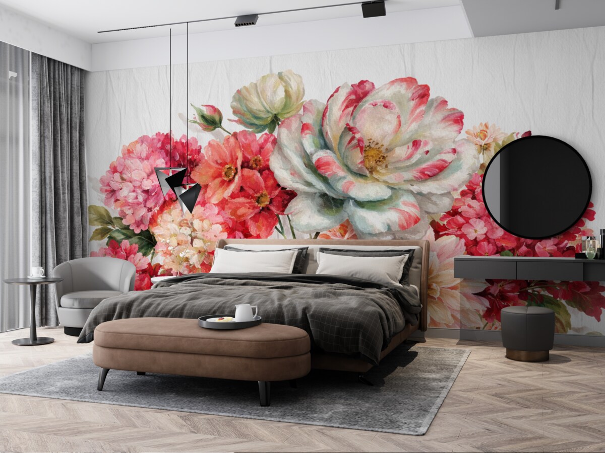 Fototapeta Wielkie różowe i białe piwonie, czerwone dalie oraz zielone liście na białym, fakturowanym tle.