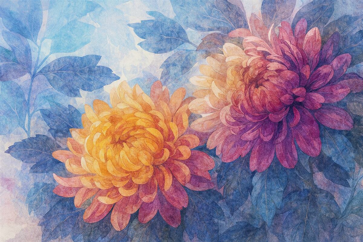 Fototapeta Wielkie, rozkwitające kwiaty dalii w kolorach pomarańczowym, żółtym i różowym na subtelnym, rozmytym błękitnym tle.