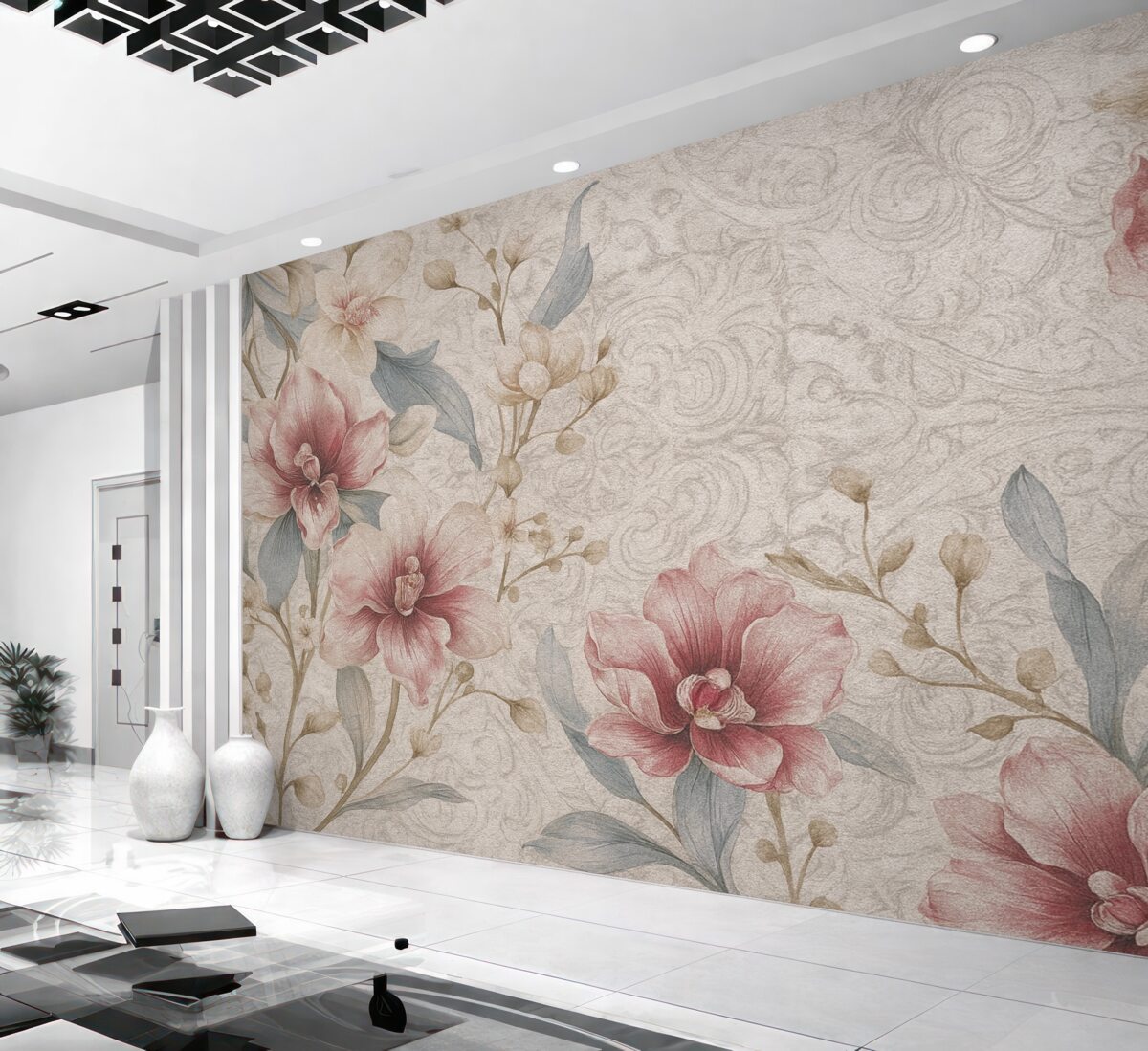 Fototapeta Wzór florystyczny w stylu retro z subtelnymi różowymi oraz białymi kwiatami, liśćmi na jasnobeżowym tle.