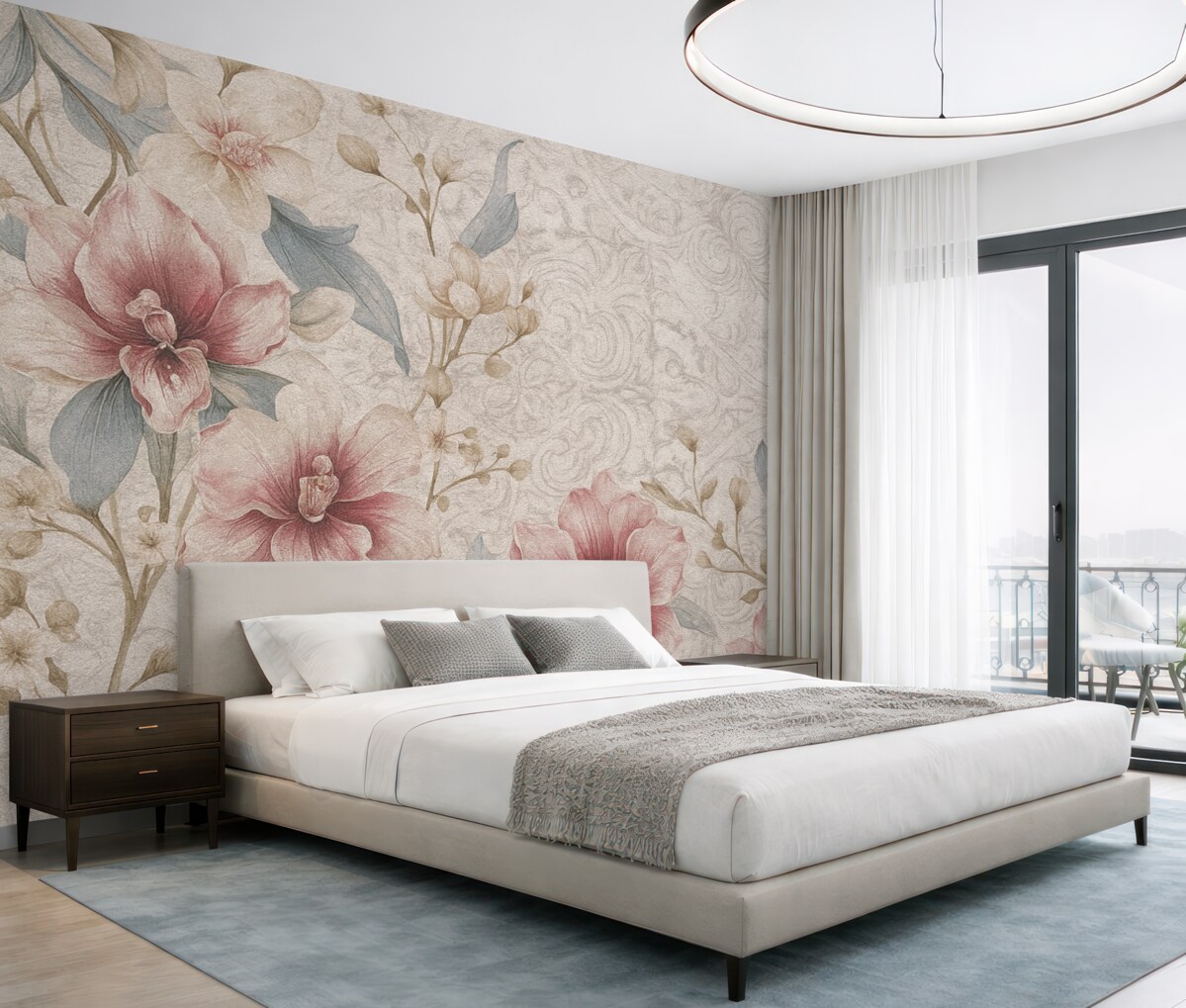 Fototapeta Wzór florystyczny w stylu retro z subtelnymi różowymi oraz białymi kwiatami, liśćmi na jasnobeżowym tle.