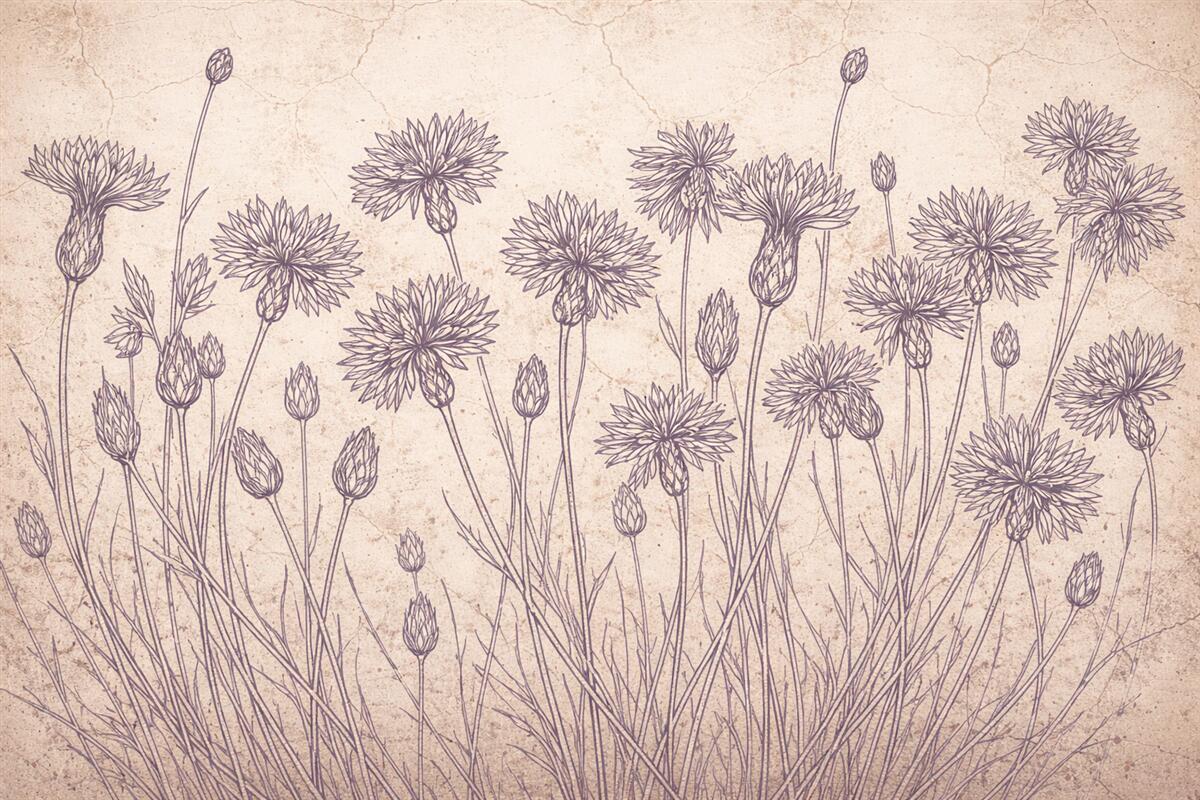 Fototapeta Łąka fioletowych dzikich kwiatów z długimi łodygami i subtelnymi płatkami na jasnym tle.