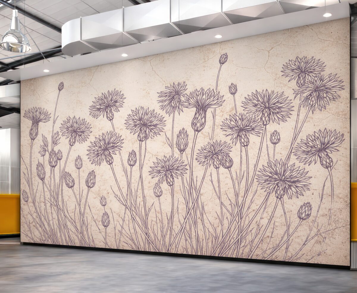 Fototapeta Łąka fioletowych dzikich kwiatów z długimi łodygami i subtelnymi płatkami na jasnym tle.