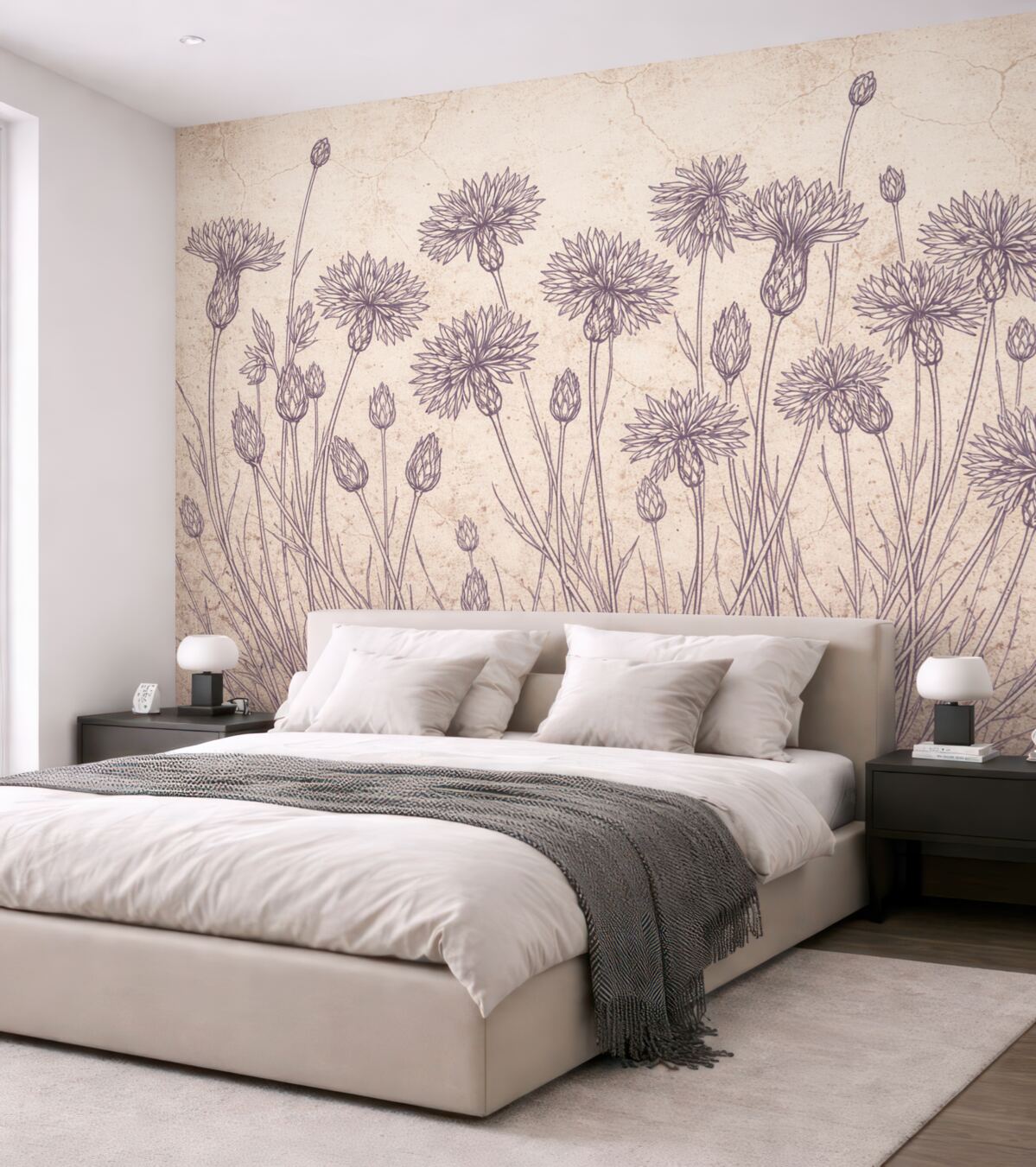 Fototapeta Łąka fioletowych dzikich kwiatów z długimi łodygami i subtelnymi płatkami na jasnym tle.