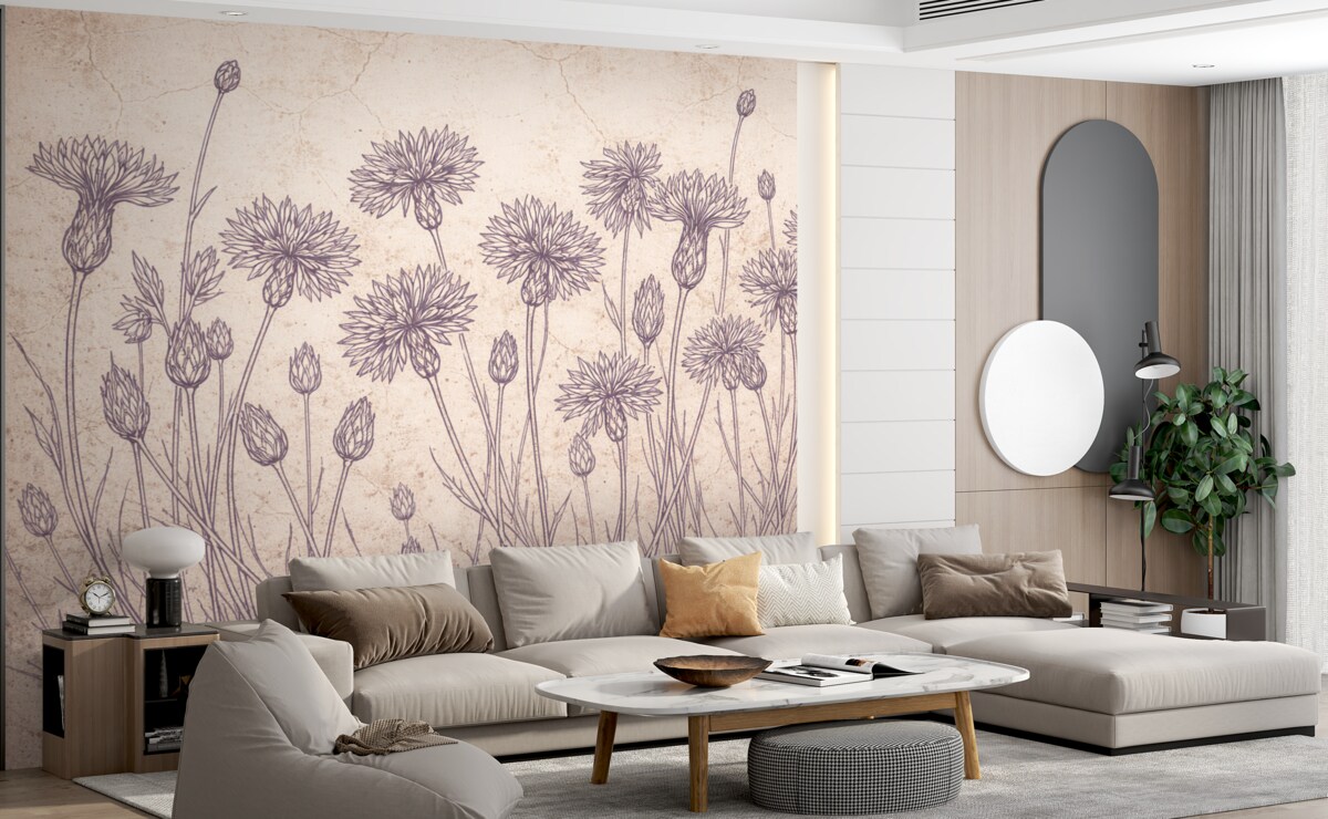 Fototapeta Łąka fioletowych dzikich kwiatów z długimi łodygami i subtelnymi płatkami na jasnym tle.