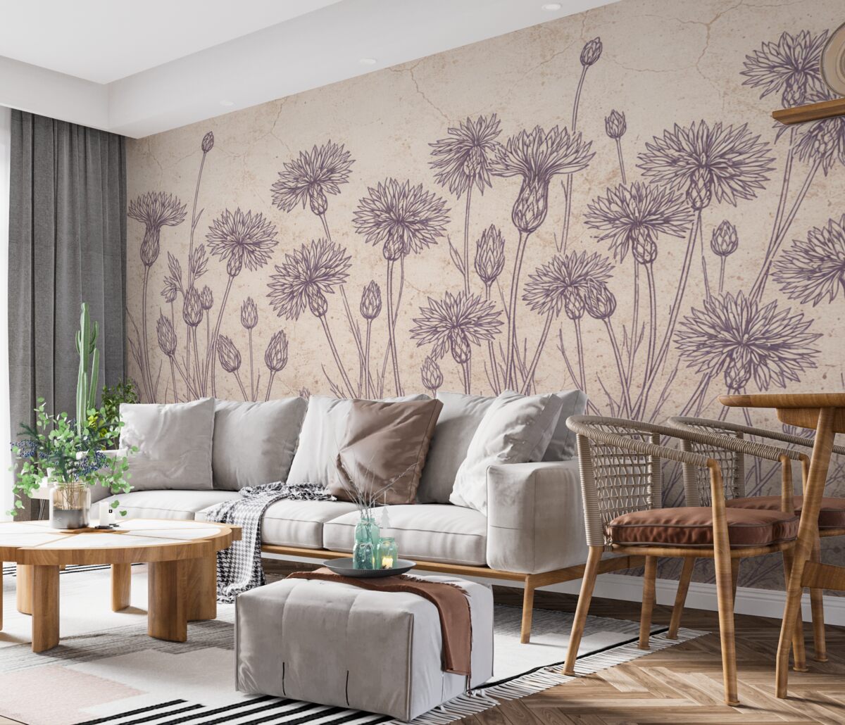 Fototapeta Łąka fioletowych dzikich kwiatów z długimi łodygami i subtelnymi płatkami na jasnym tle.