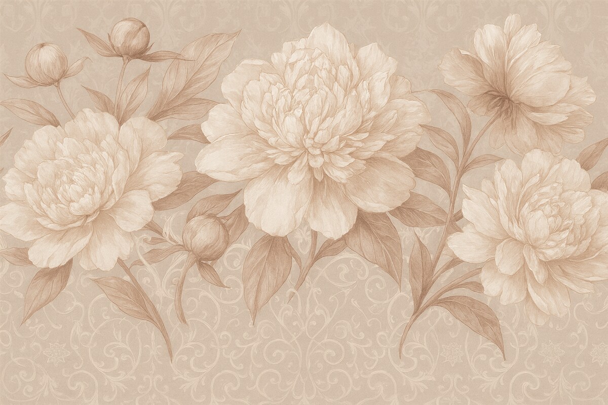 Fototapeta Kwiatowy wzór z finezyjnymi płatkami i liśćmi w tonacjach brązu i bieli na subtelnym, łagodnym tle.