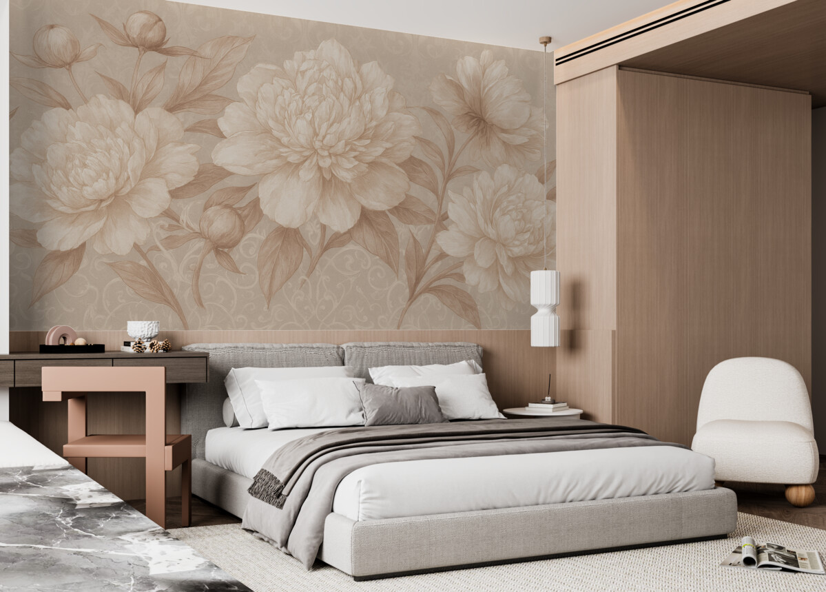 Fototapeta Kwiatowy wzór z finezyjnymi płatkami i liśćmi w tonacjach brązu i bieli na subtelnym, łagodnym tle.