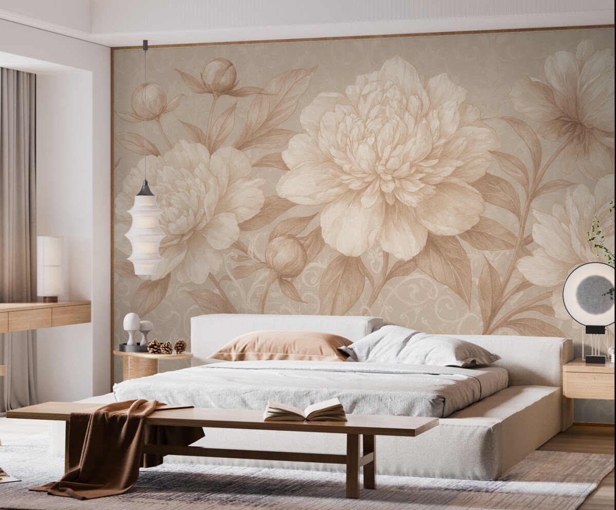 Fototapeta Kwiatowy wzór z finezyjnymi płatkami i liśćmi w tonacjach brązu i bieli na subtelnym, łagodnym tle.