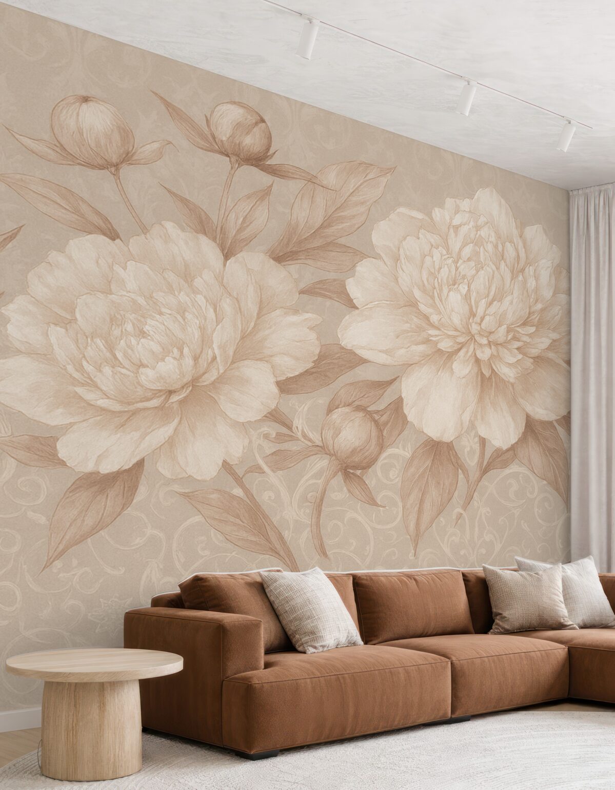 Fototapeta Kwiatowy wzór z finezyjnymi płatkami i liśćmi w tonacjach brązu i bieli na subtelnym, łagodnym tle.