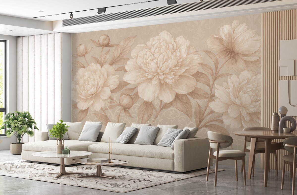 Fototapeta Kwiatowy wzór z finezyjnymi płatkami i liśćmi w tonacjach brązu i bieli na subtelnym, łagodnym tle.