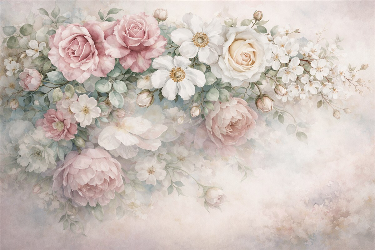 Fototapeta Subtelna, pastelowa aranżacja kwiatowa z różowymi różami, białymi roślinami i zielonymi liśćmi.