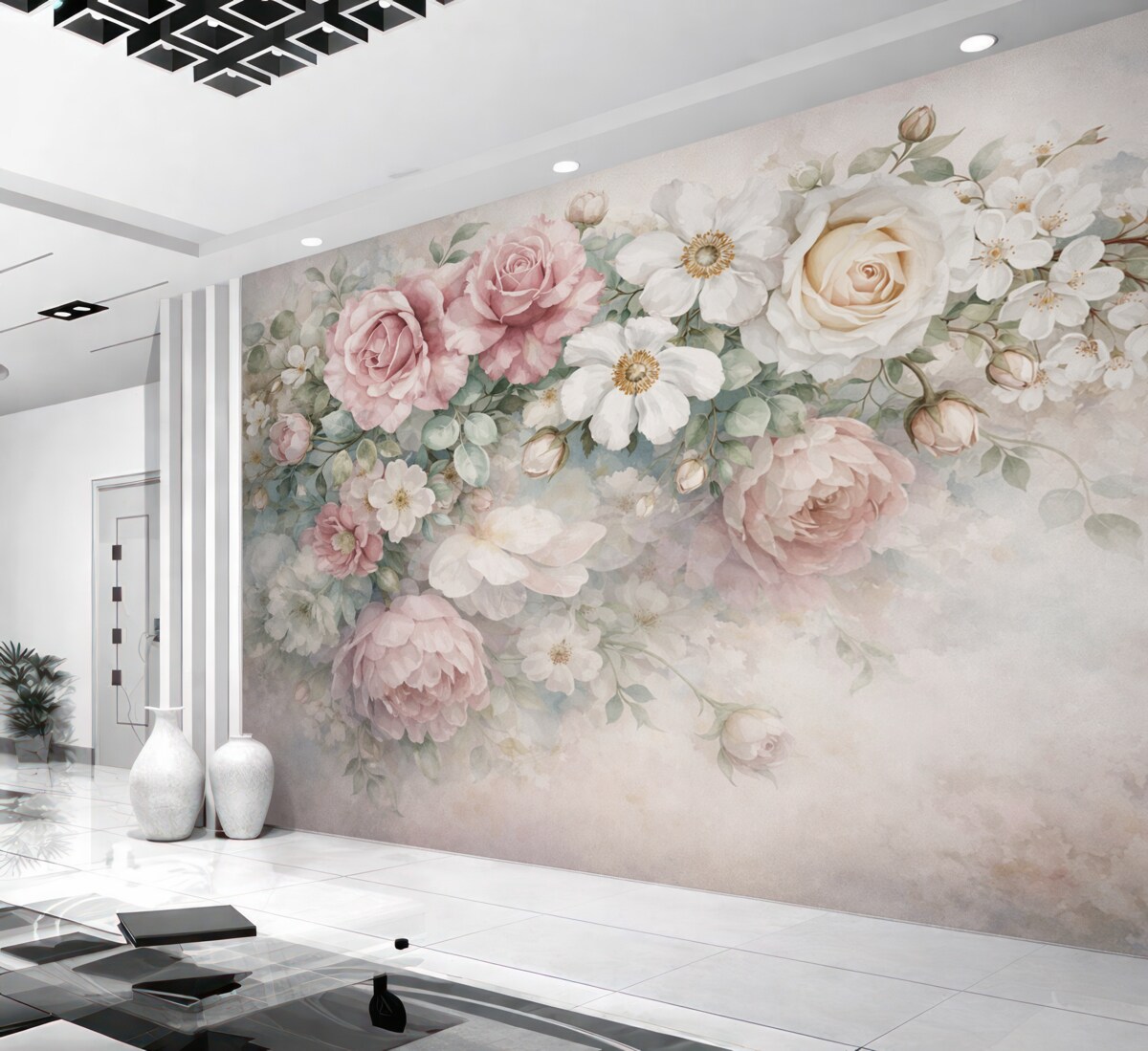 Fototapeta Subtelna, pastelowa aranżacja kwiatowa z różowymi różami, białymi roślinami i zielonymi liśćmi.